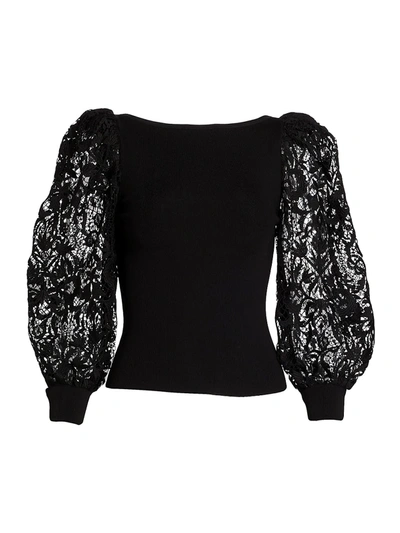 Shop Alice And Olivia Abella Lace Puff-sleeve Sweater In Black