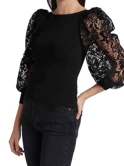 Shop Alice And Olivia Abella Lace Puff-sleeve Sweater In Black