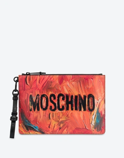 Shop Moschino Painted  Calfskin Clutch In Orange