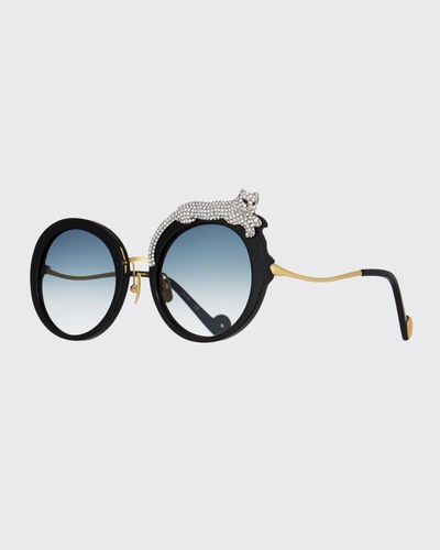 Shop Anna-karin Karlsson Rose Et La Roue Round Crystal-embellished Leopard Sunglasses In Black/ice
