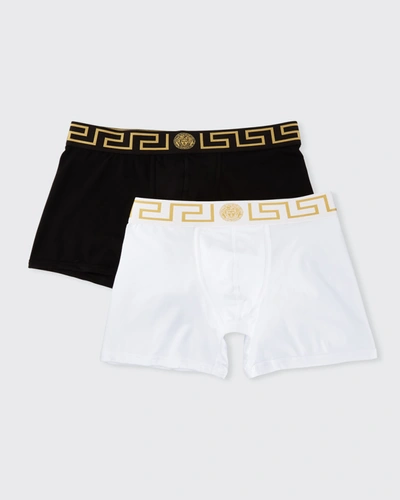 Shop Versace Two-pack Greca Border Long Boxer Trunks In Black/white