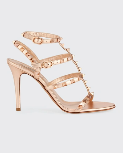 Shop Valentino Rockstud Caged Metallic High-heel Sandals In Skin