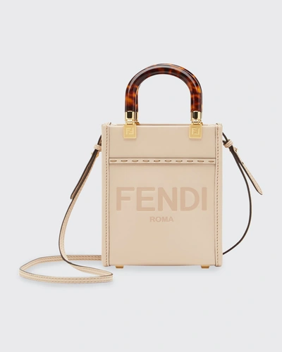 Shop Fendi Sunshine Mini Calfskin Logo Shopper Tote Bag In Poudre Oro