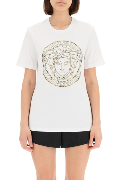 Shop Versace Medusa T-shirt With Studs And Rhinestones In Mixed Colours