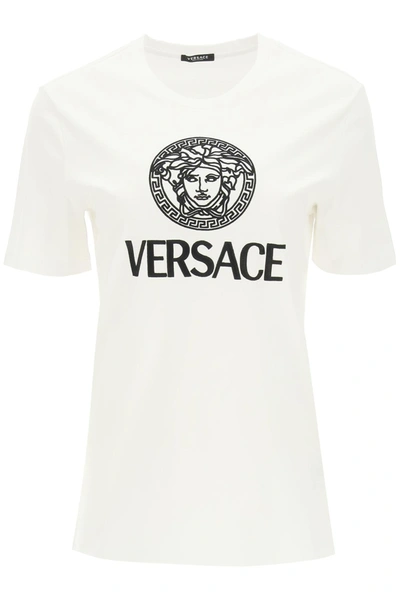 Shop Versace T-shirt With Logo And Medusa Embroidery In Mixed Colours