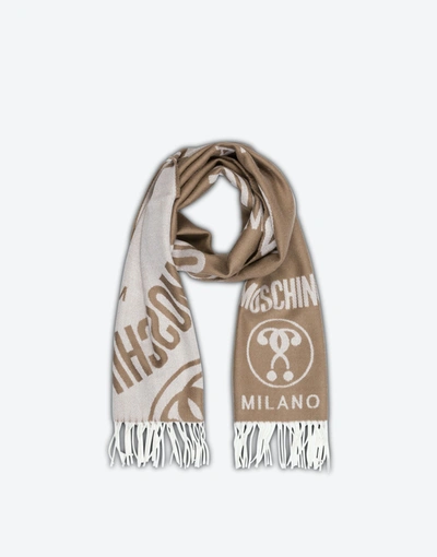 Shop Moschino Double Question Mark Wool Scarf In Grey