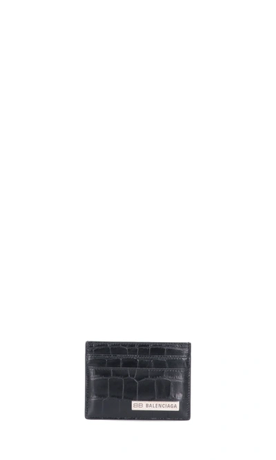 Shop Balenciaga "plate" Croco Card Holder In Black