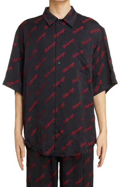 Shop Balenciaga Balencia Pajama Short Sleeve Button-up Shirt In Black/ Red