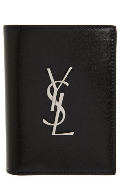 Shop Saint Laurent Ysl Leather Bilfold Wallet In Black Silver