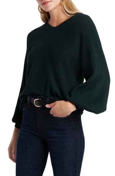 Shop 1.state Ribbed Balloon Sleeve Cotton Blend Sweater In Night Meadow