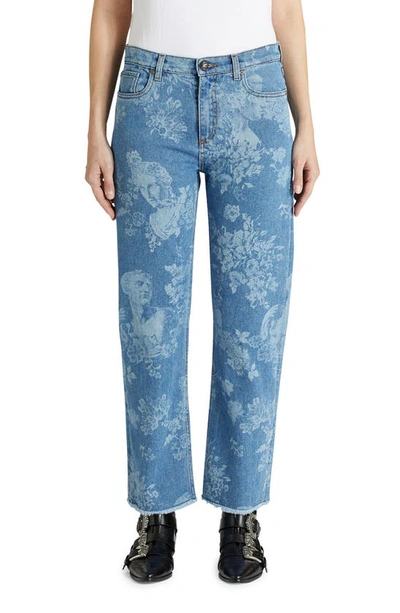 Shop Etro Floral & Bust Print Fray Hem Jeans In Navy