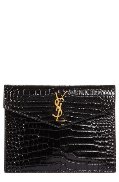 Yves Saint Laurent Croc Embossed Leather Flat Pouch Bag