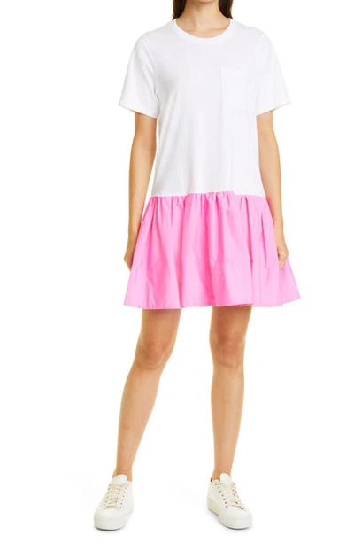 Shop Tanya Taylor Katlyn Ruffle Hem Dress In Optic White/ Neon Pink Combo