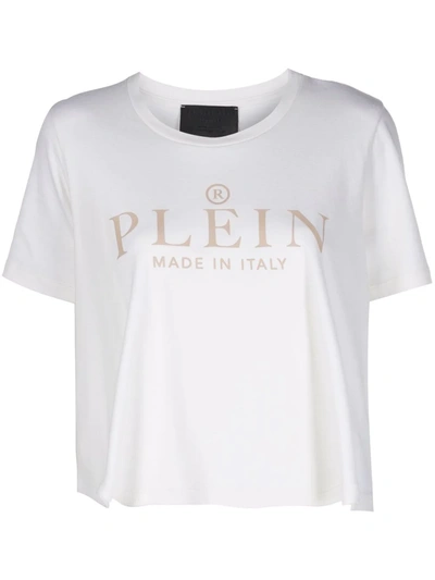 Shop Philipp Plein Iconic Plein Short-sleeve Cropped T-shirt In Neutrals