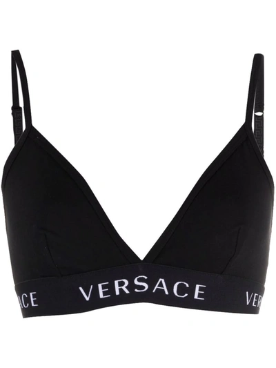 Shop Versace Logo-band Soft Triangle Bra In Black