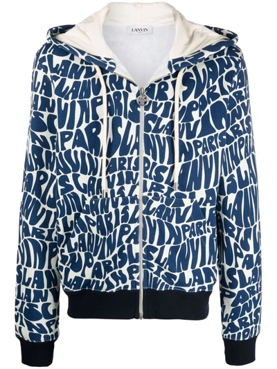 Shop Lanvin All-over Logo-lettering Hoodie In Blue