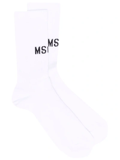 Shop Msgm Logo-knit Ribbed Socks In White
