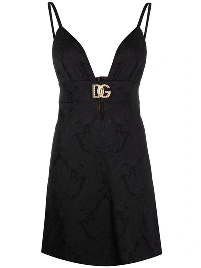 Shop Dolce & Gabbana Brocade-jacquard Logo-plaque Dress In Black