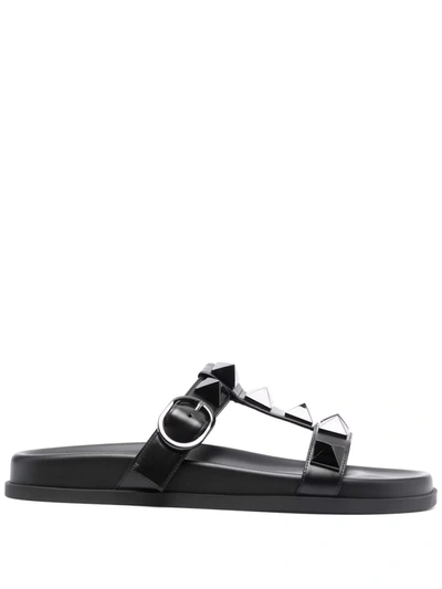 Garavani Roman Stud Leather Slides In Black