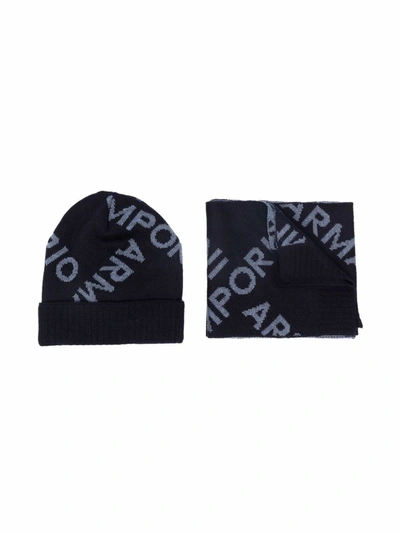Shop Emporio Armani Logo-print Knitted Hat Set In Blue