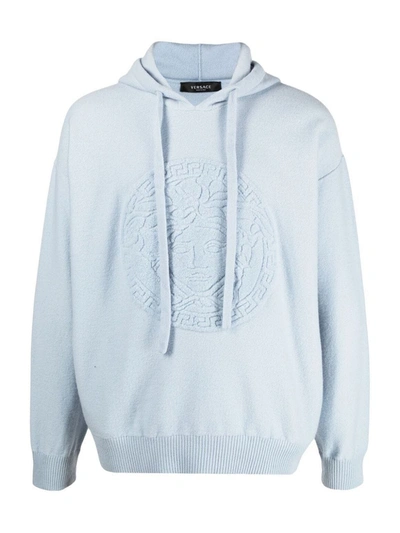 Shop Versace Medusa Motif Drawstring Hoodie In Blue