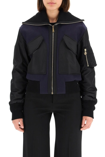 Shop Versace Dual-material Bomber Jacket With Logo In Mixed Colours
