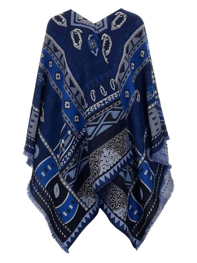 Shop Etro Jacquard Poncho In Blue