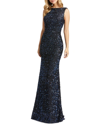 Shop Mac Duggal Sequin Cowl-back Sleeveless Gown In Emerald