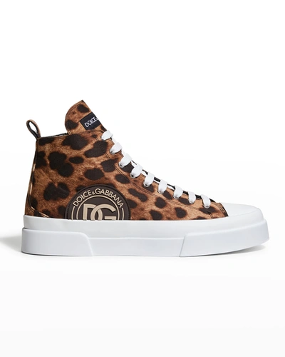 Shop Dolce & Gabbana Men's Portofino Leopard-print High-top Sneakers In Multicolor