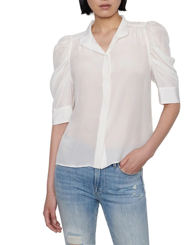 Shop Frame Gillian Silk Collared Puff-sleeve Top In Off White