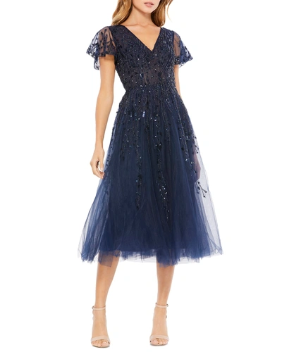 Shop Mac Duggal Sequined Tulle Midi Dress In Midnight