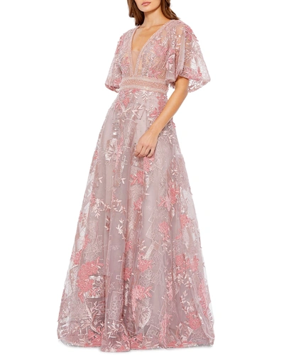 Shop Mac Duggal Plunging Floral Embroidered Ball Gown In Pink