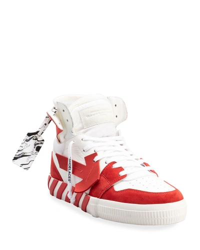 Shop Off-white Men's Arrow Mix-leather Vulcanized High-top Sneakers In White / Red