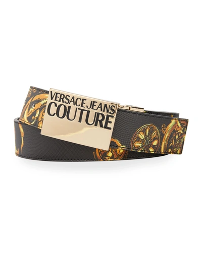 Shop Versace Jeans Couture Men's Reversible Leather Baroque Belt In Nero Oro