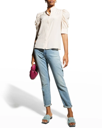 Shop Frame Gillian Silk Collared Puff-sleeve Top In Rose