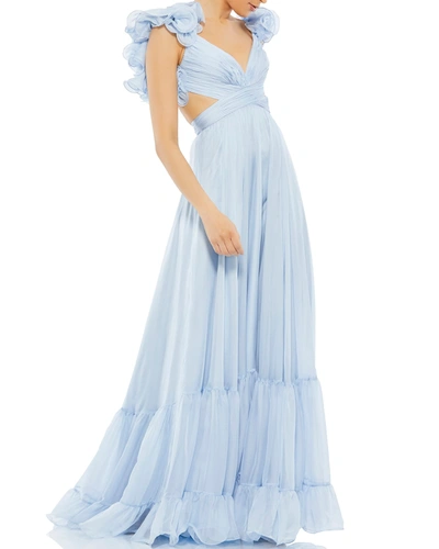 Shop Ieena For Mac Duggal Cutout Ruffle Tulle Lace-up Gown In Powder Blue