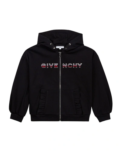 Shop Givenchy Girl's Ruffle-pocket Logo Zip Hoodie Jacket In 09b Black