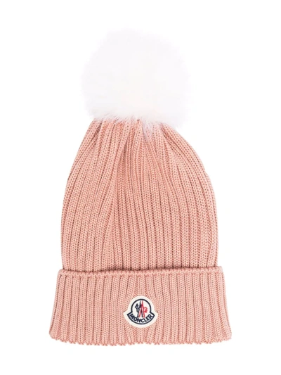 Shop Moncler Pompom Detail Ribbed Knit Beanie In Pink