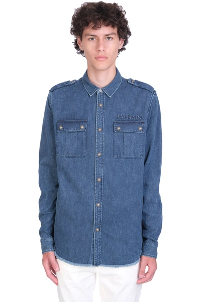 Shop Balmain Shirt In Blue Denim