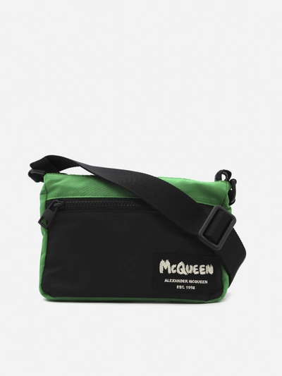Shop Alexander Mcqueen Nylon Shoulder Bag With Graffiti Logo Detail In Green, Black