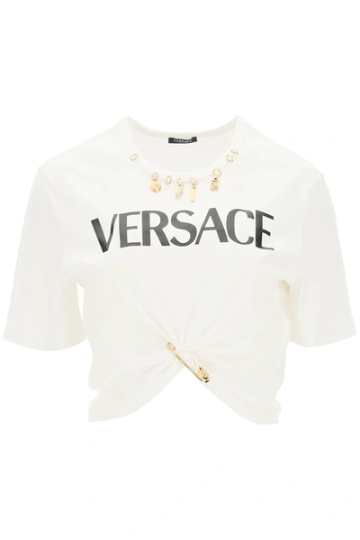 Shop Versace Cropped T-shirt With Charms In White Black (white)