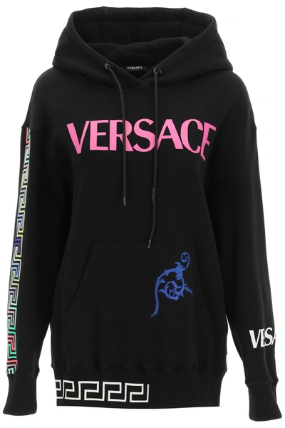 Shop Versace Hoodie With Logo And Greca Embroidery In Black Multi (black)