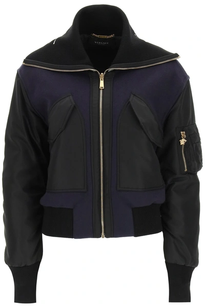Shop Versace Dual-material Bomber Jacket With Logo In Blue Black (blue)