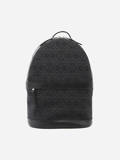 Shop Loewe Backpack In Leather And Jacquard Canvas With All-over Anagram Motif In Anthracite, Black