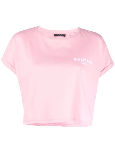 Shop Balmain Logo-print Cropped T-shirt In Pink