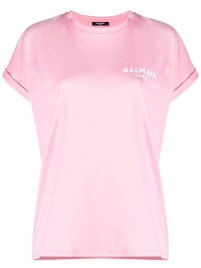 Shop Balmain Small Flocked Logo T-shirt In Pink