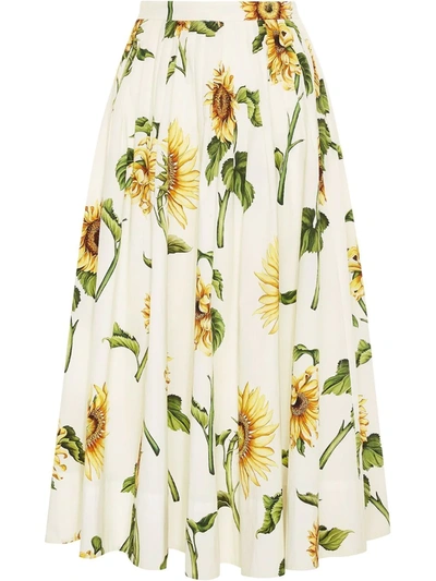 Shop Oscar De La Renta Pleated Sunflower-print Midi Skirt In White