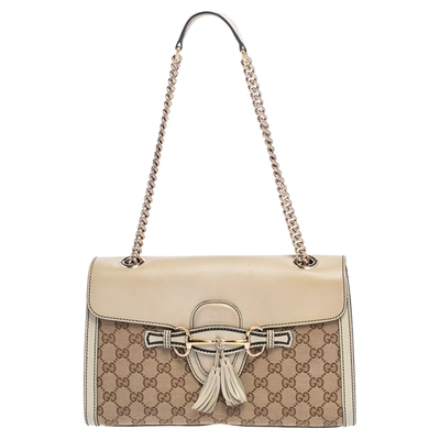 Pre-owned Gucci Beige Gg Canvas And Leather Medium Emily Chain Shoulder Bag