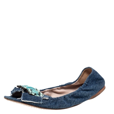 Pre-owned Miu Miu Blue Denim Crystal Embellished Ballet Flats Size 37