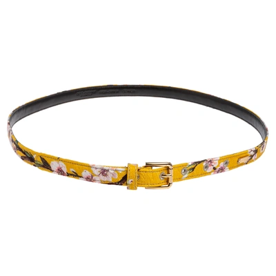 Pre-owned Dolce & Gabbana Yellow Floral Print Fabric Slim Belt 85 Cm